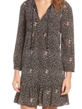 Madewell Black Floral-Print V-Neck Mini Dress with Tassel Tie Size 4